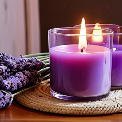 Home 22 **A cozy room illuminated by a lavender-scented candle, promoting relaxation and stress reduction.** (Focus: Home decor, aromatherapy, calming atmosphere)