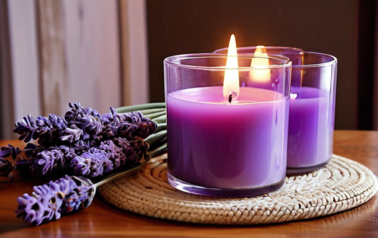 **A cozy room illuminated by a lavender-scented candle, promoting relaxation and stress reduction.** (Focus: Home decor, aromatherapy, calming atmosphere)