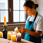 A skilled female artisan, mid-30s, in a modest, clean apron over professional, comfortable work attire, carefully pouring melted wax into a candle mold on a clean workbench. Her expression is focused and passionate, conveying dedication to her craft. Various candle-making tools, natural ingredients like dried lavender and essential oil bottles, and finished candles are neatly arranged around her. The setting is a bright, tidy, and warm candle-making studio, with soft natural light coming from a window. Professional photography, shallow depth of field, warm color palette, high detail, perfect anatomy, correct proportions, natural pose, well-formed hands, proper finger count, natural body proportions. Fully clothed, modest clothing, appropriate attire, professional dress, safe for work, appropriate content, family-friendly.