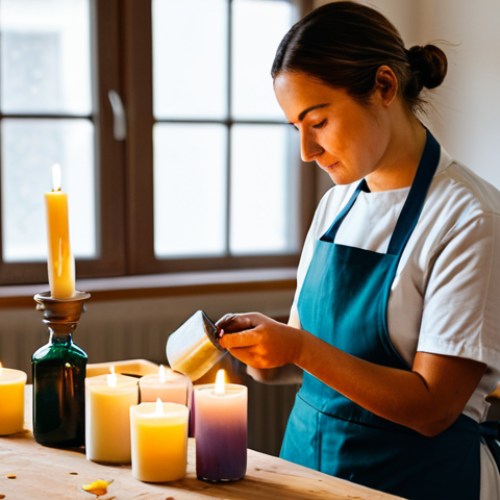 Home 21 A skilled female artisan, mid-30s, in a modest, clean apron over professional, comfortable work attire, carefully pouring melted wax into a candle mold on a clean workbench. Her expression is focused and passionate, conveying dedication to her craft. Various candle-making tools, natural ingredients like dried lavender and essential oil bottles, and finished candles are neatly arranged around her. The setting is a bright, tidy, and warm candle-making studio, with soft natural light coming from a window. Professional photography, shallow depth of field, warm color palette, high detail, perfect anatomy, correct proportions, natural pose, well-formed hands, proper finger count, natural body proportions. Fully clothed, modest clothing, appropriate attire, professional dress, safe for work, appropriate content, family-friendly.