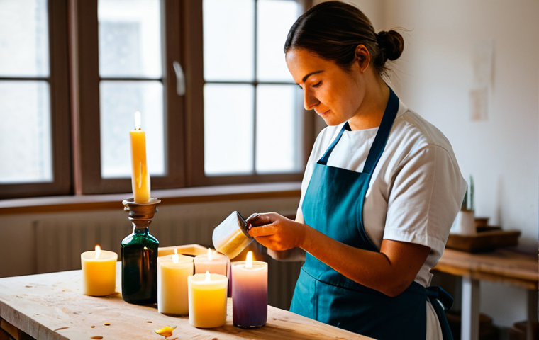 A skilled female artisan, mid-30s, in a modest, clean apron over professional, comfortable work attire, carefully pouring melted wax into a candle mold on a clean workbench. Her expression is focused and passionate, conveying dedication to her craft. Various candle-making tools, natural ingredients like dried lavender and essential oil bottles, and finished candles are neatly arranged around her. The setting is a bright, tidy, and warm candle-making studio, with soft natural light coming from a window. Professional photography, shallow depth of field, warm color palette, high detail, perfect anatomy, correct proportions, natural pose, well-formed hands, proper finger count, natural body proportions. Fully clothed, modest clothing, appropriate attire, professional dress, safe for work, appropriate content, family-friendly.