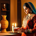 **

"A woman in traditional Indian clothing (salwar kameez), fully clothed, lighting a decorative candle. The background shows a warmly lit home interior with Indian decor. Safe for work, appropriate content, professional photography, perfect anatomy, natural proportions, family-friendly."

**