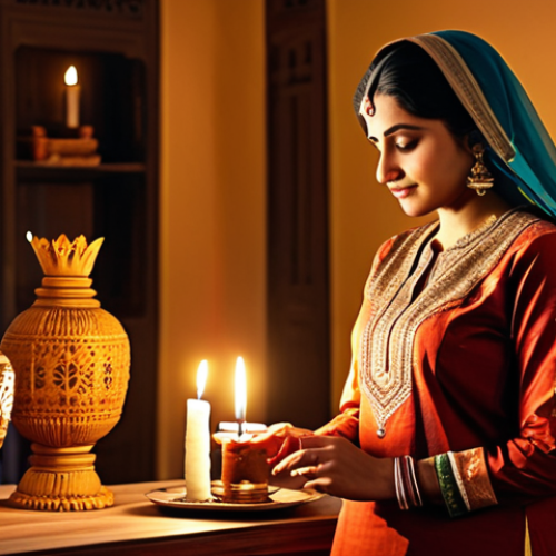Home 20 **
"A woman in traditional Indian clothing (salwar kameez), fully clothed, lighting a decorative candle. The background shows a warmly lit home interior with Indian decor. Safe for work, appropriate content, professional photography, perfect anatomy, natural proportions, family-friendly."
**
