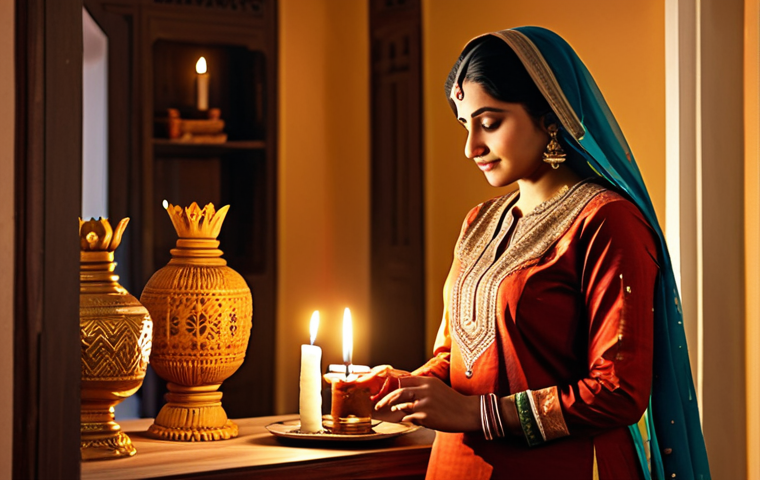**

"A woman in traditional Indian clothing (salwar kameez), fully clothed, lighting a decorative candle. The background shows a warmly lit home interior with Indian decor. Safe for work, appropriate content, professional photography, perfect anatomy, natural proportions, family-friendly."

**