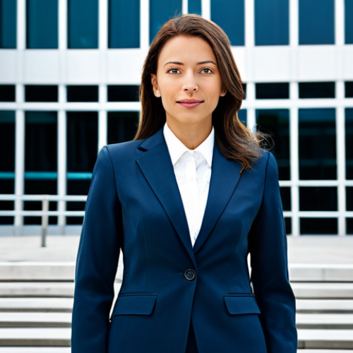 Home 11 **Image Prompt: Professional Businesswoman**
"A professional businesswoman in a modest business suit, standing confidently in front of a modern office building, fully clothed, appropriate attire, safe for work, perfect anatomy, natural proportions, professional photography, high quality, bright daylight."