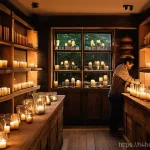 캔들 오프라인 매장 운영법 - **Prompt:** A cozy and inviting artisanal candle shop interior, softly lit by the warm glow of numer...