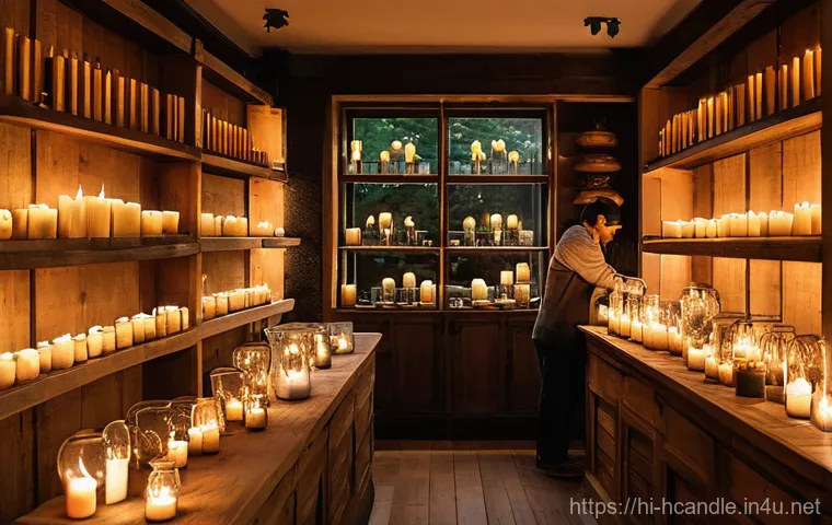 캔들 오프라인 매장 운영법 - **Prompt:** A cozy and inviting artisanal candle shop interior, softly lit by the warm glow of numer...