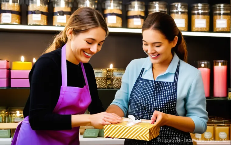 캔들 오프라인 매장 운영법 - **Prompt:** A close-up, high-detail shot of adult hands (wearing modest, casual clothing, ensuring n...