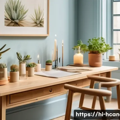 Home 26 캔들 공방 인테리어 아이디어 - A cozy candle workshop bathed in soft natural morning sunlight streaming through large windows with ...