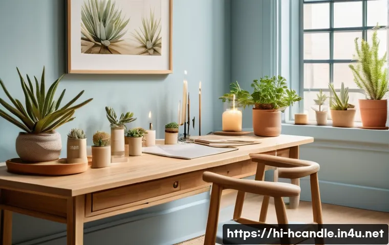 캔들 공방 인테리어 아이디어 - A cozy candle workshop bathed in soft natural morning sunlight streaming through large windows with ...