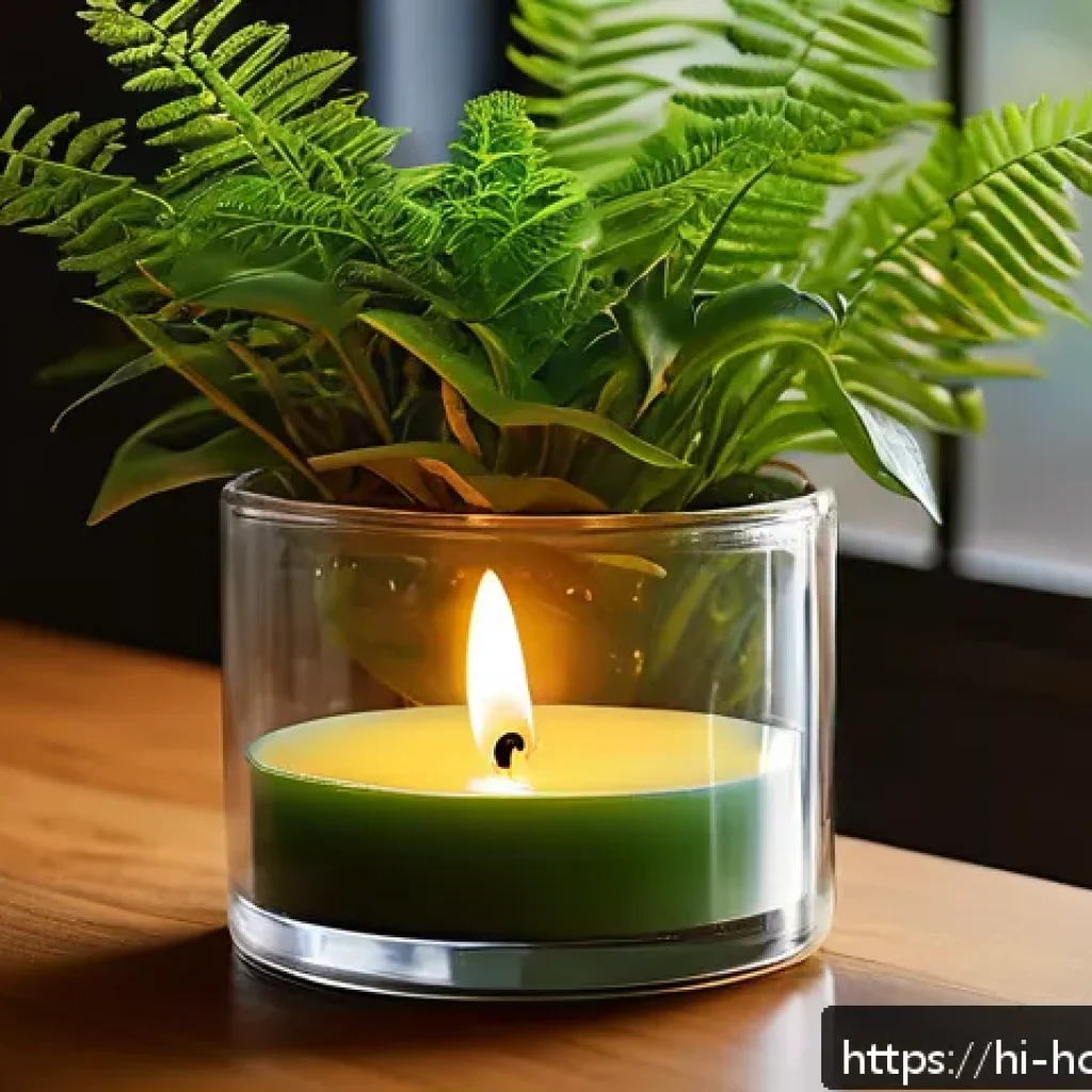 캔들 컨테이너 소재별 특징 - A cozy indoor setting showcasing a thick glass candle container with a burning candle inside, emitti...