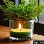 Home 19 캔들 컨테이너 소재별 특징 - A cozy indoor setting showcasing a thick glass candle container with a burning candle inside, emitti...