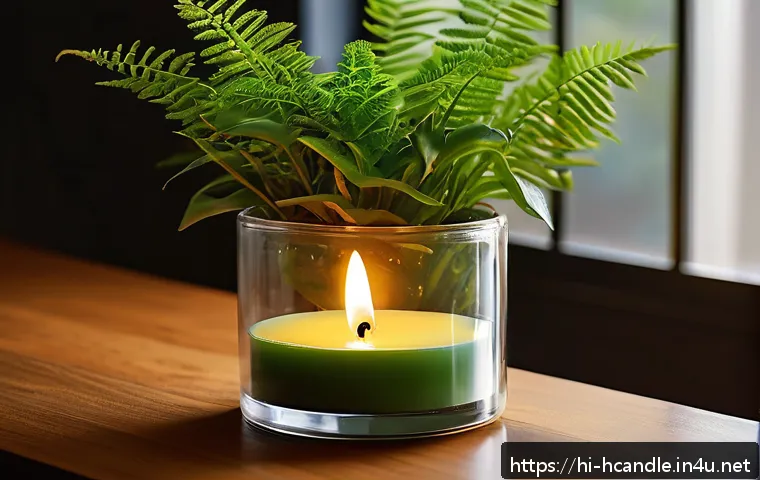 캔들 컨테이너 소재별 특징 - A cozy indoor setting showcasing a thick glass candle container with a burning candle inside, emitti...