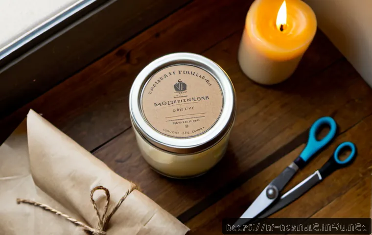 Home 15 캔들 포장 디자인 제작법 - Photorealistic overhead view of a candle packaging design workspace, unbranded glass jar candle, kra...
