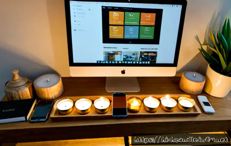 캔들 온라인 판매 채널 비교 - Photorealistic overhead comparison scene of handmade scented candles arranged on a clean wooden desk...