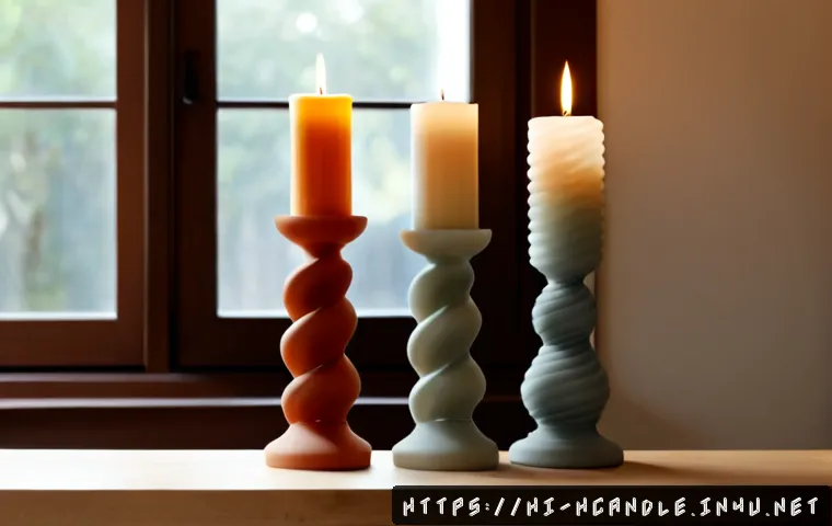 캔들 트렌드 분석 2024 - Photorealistic editorial still life of 2024 candle trends, a curated arrangement of sculptural twist...